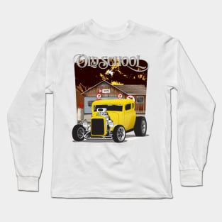 Yellow 1932 Chevy 5 Window Coupe Hot Rod Old School Print Long Sleeve T-Shirt